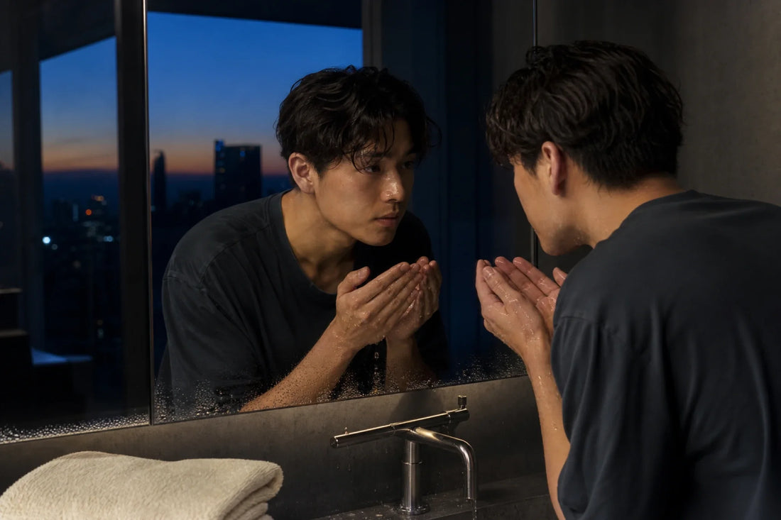 Young adult at a blue-hour mirror with wet hands and a towel for the Evening Routine collection.