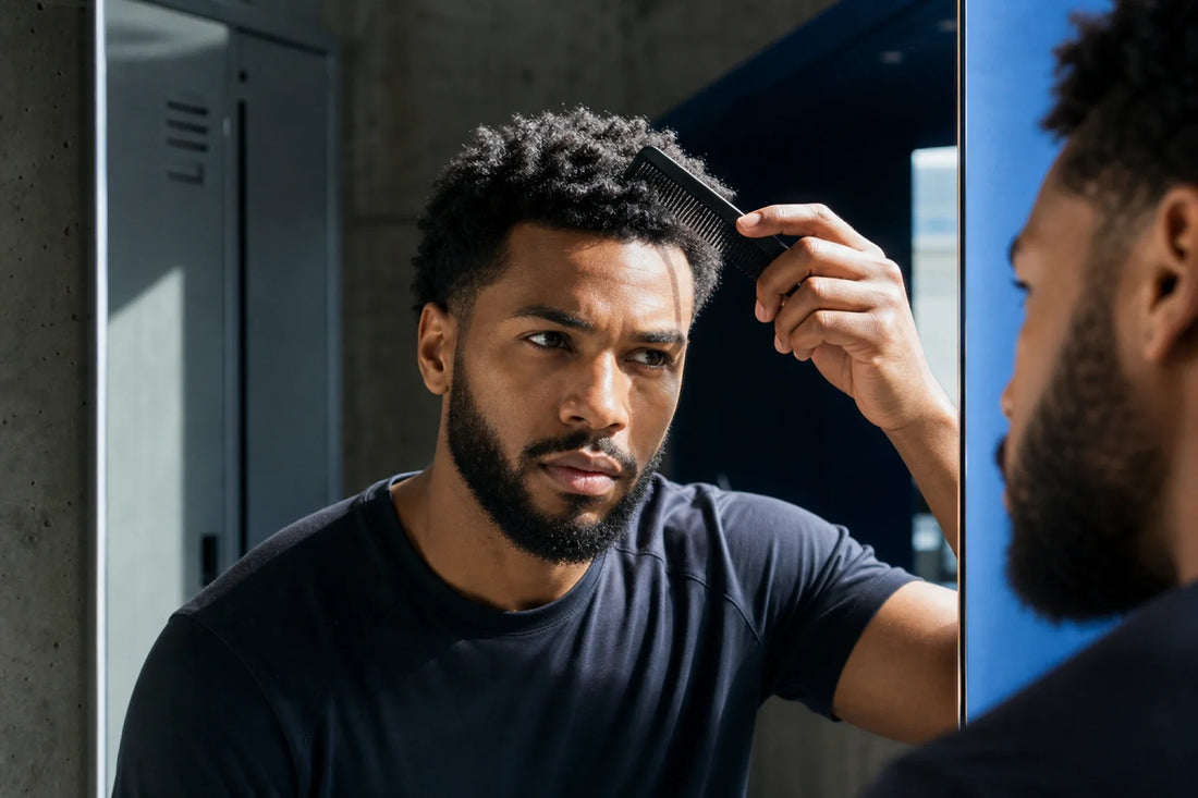 Young adult grooming textured hair and a short beard for the Hair & Beard collection.