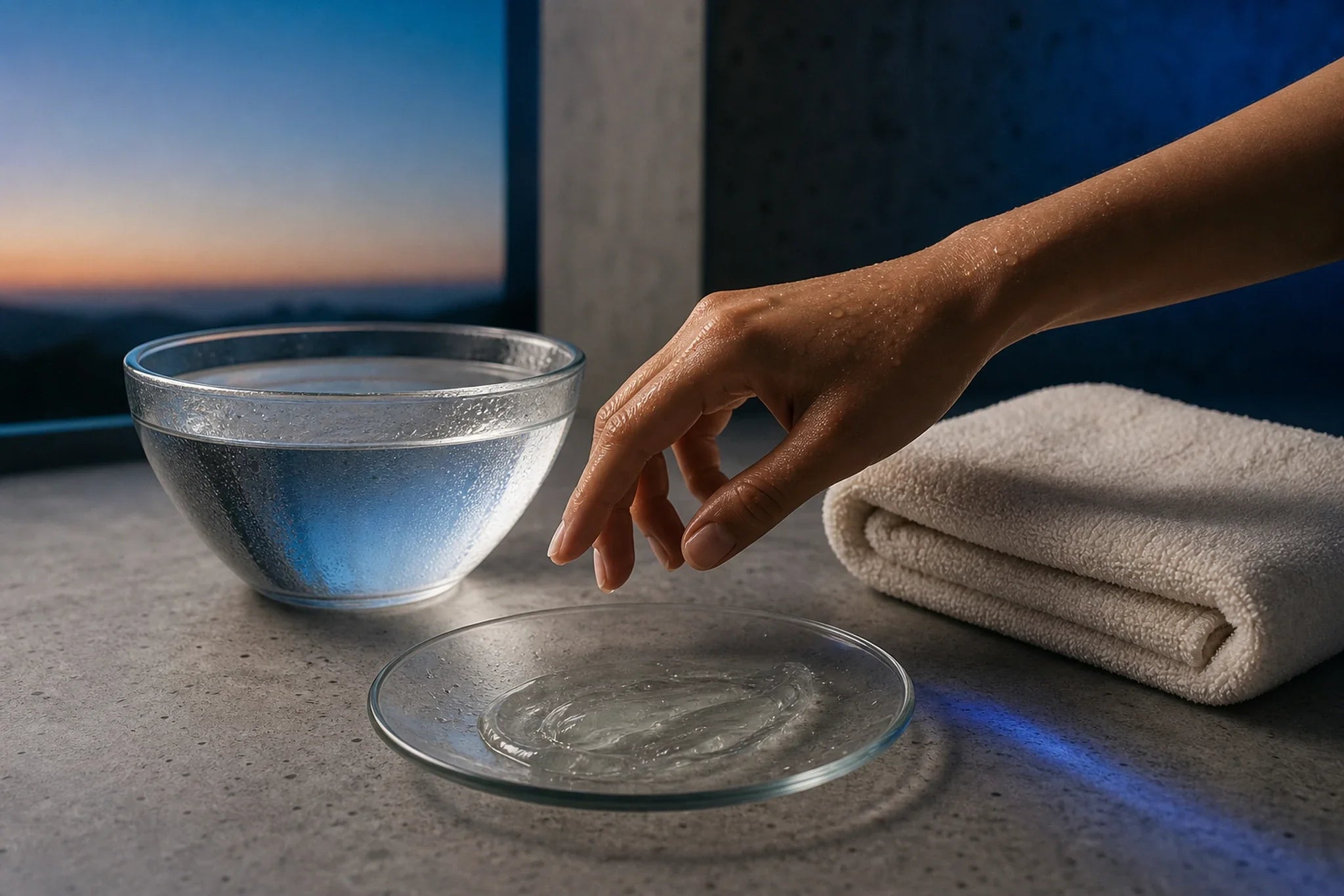 Three coordinated water, towel, and gel ritual cues arranged for the Trios collection.
