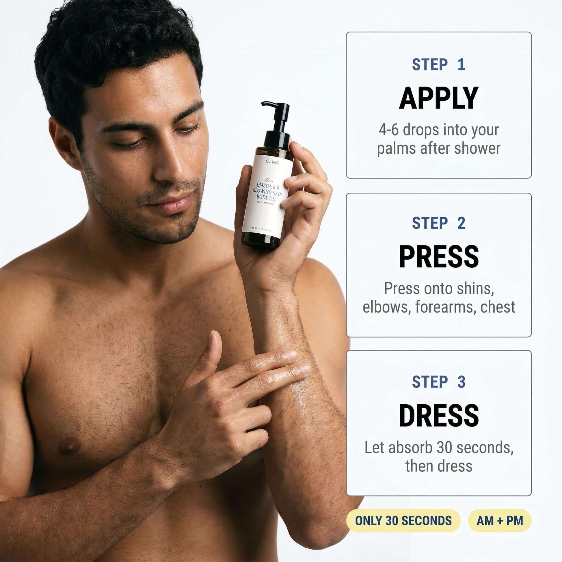 Omega 6-9 Glowing Skin Body Oil - How It Works | OLIRS Men's Skincare