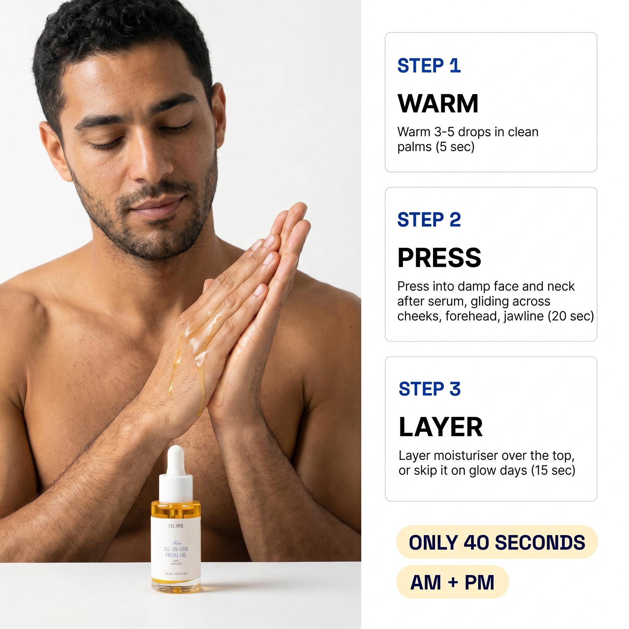 All-In-One Facial Oil - How It Works | OLIRS Men's Skincare