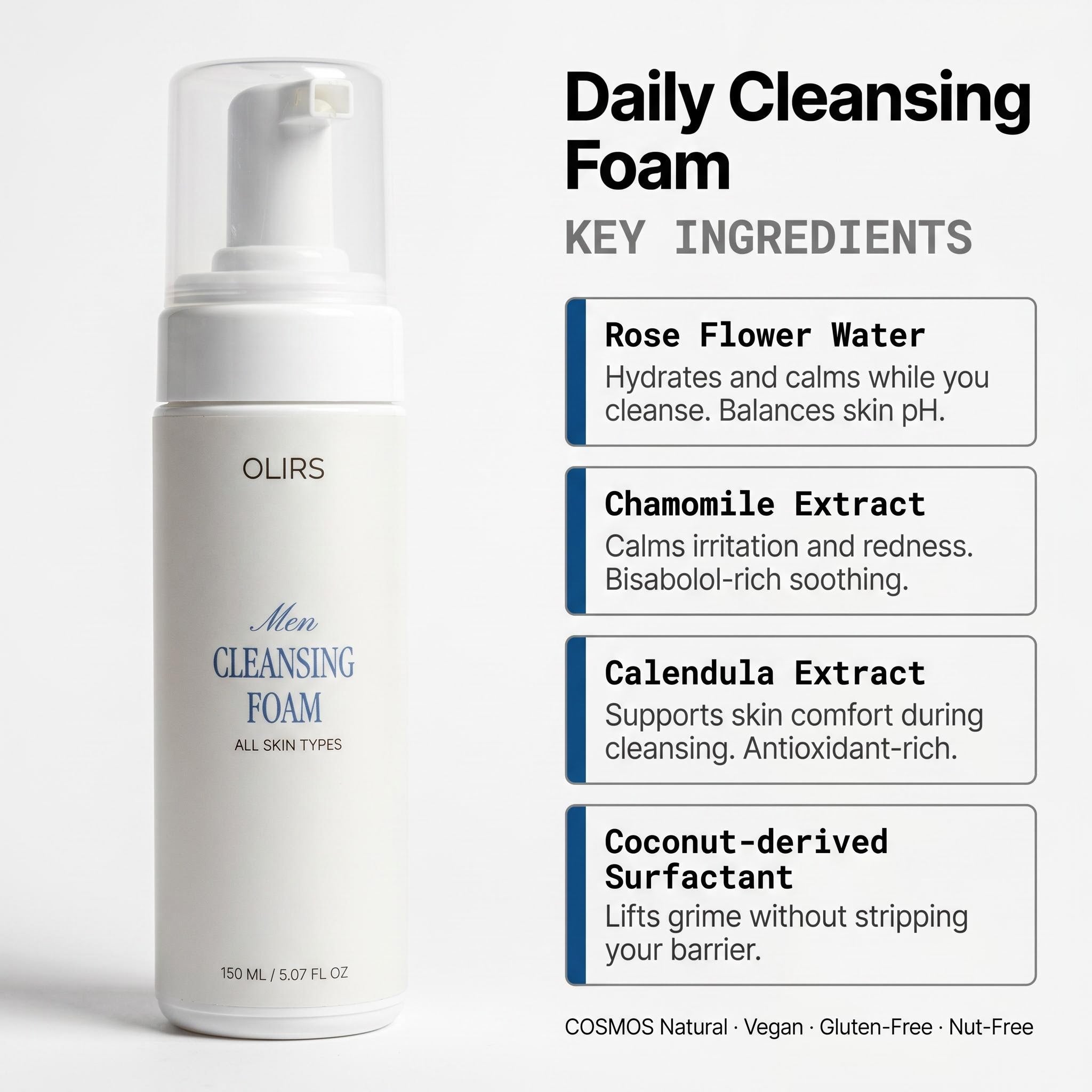 Daily Cleansing Foam - Key Ingredients Breakdown | OLIRS Men's Skincare