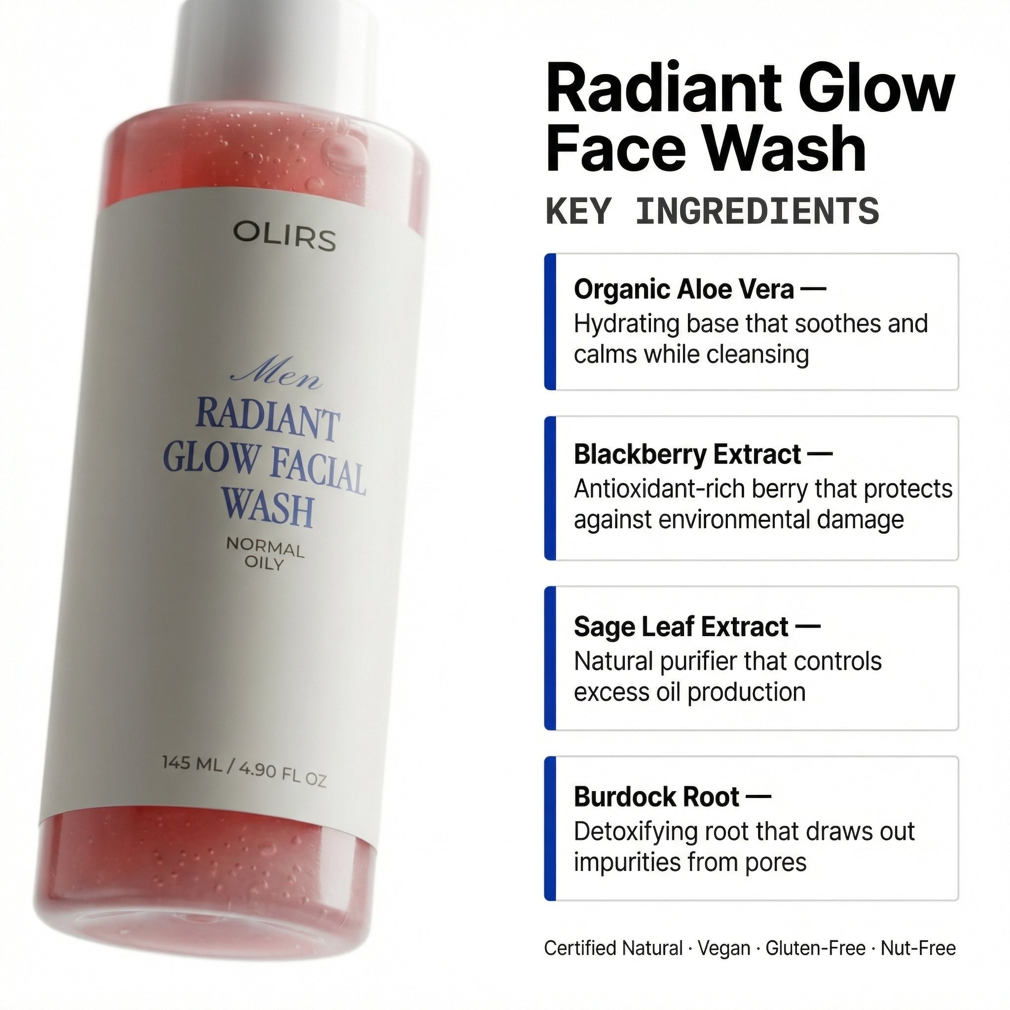 Radiant Glow Face Wash - Key Ingredients | OLIRS Men's Skincare
