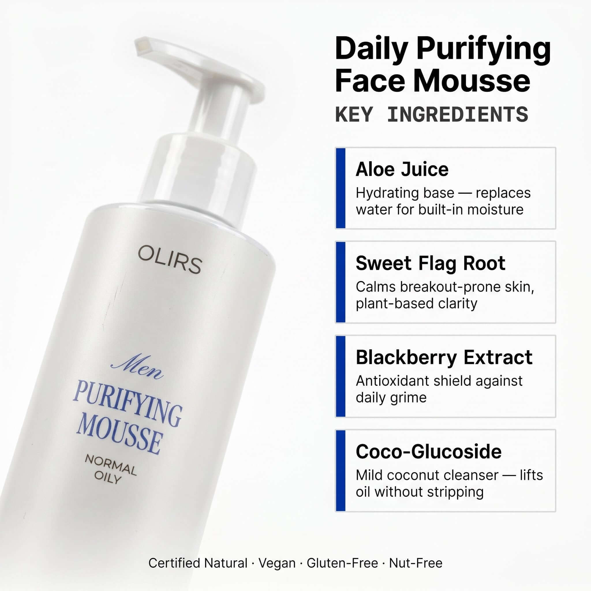 Daily Foaming Face Mousse - Ingredients | OLIRS Men's Skincare