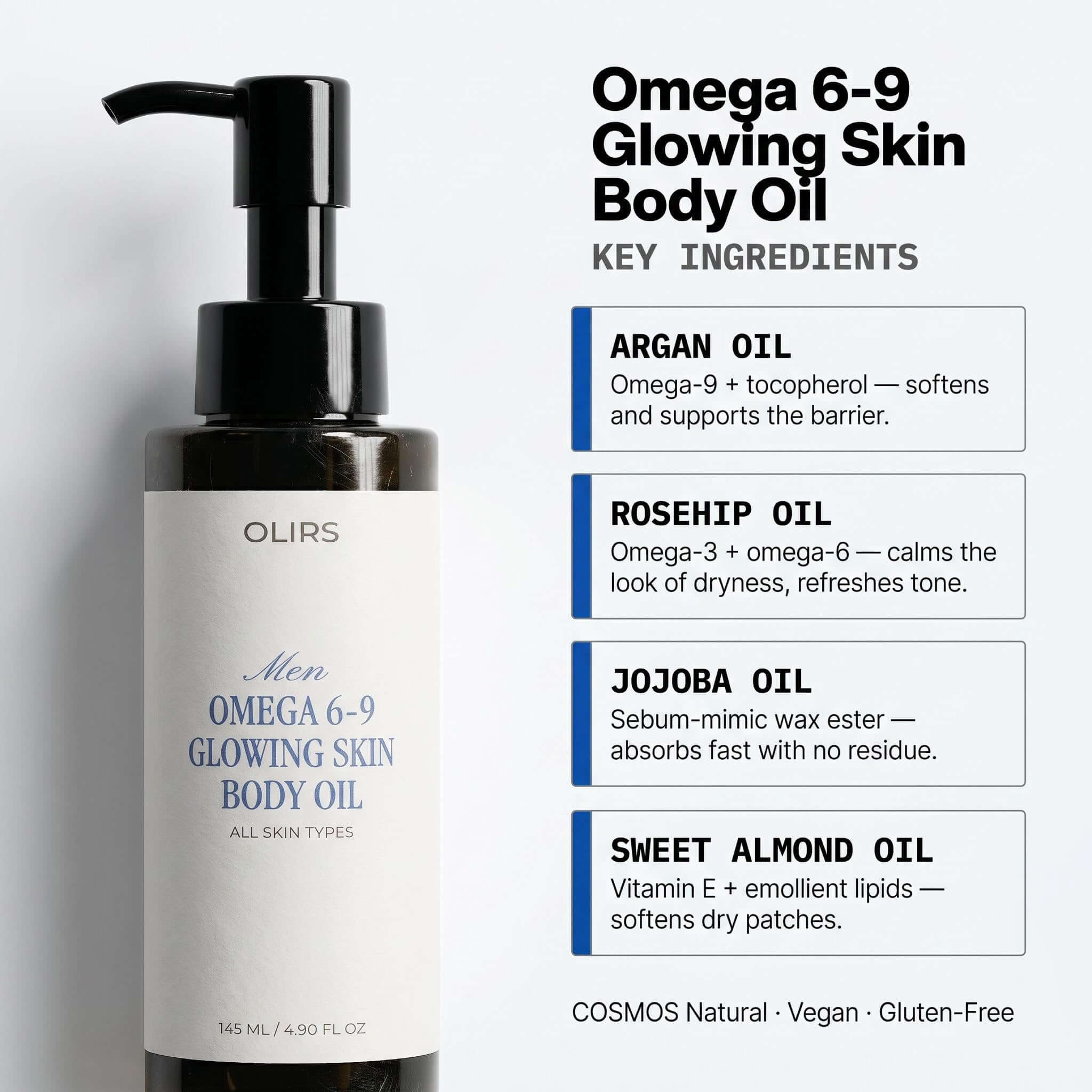 Omega 6-9 Glowing Skin Body Oil - Key Ingredients | OLIRS Men's Skincare